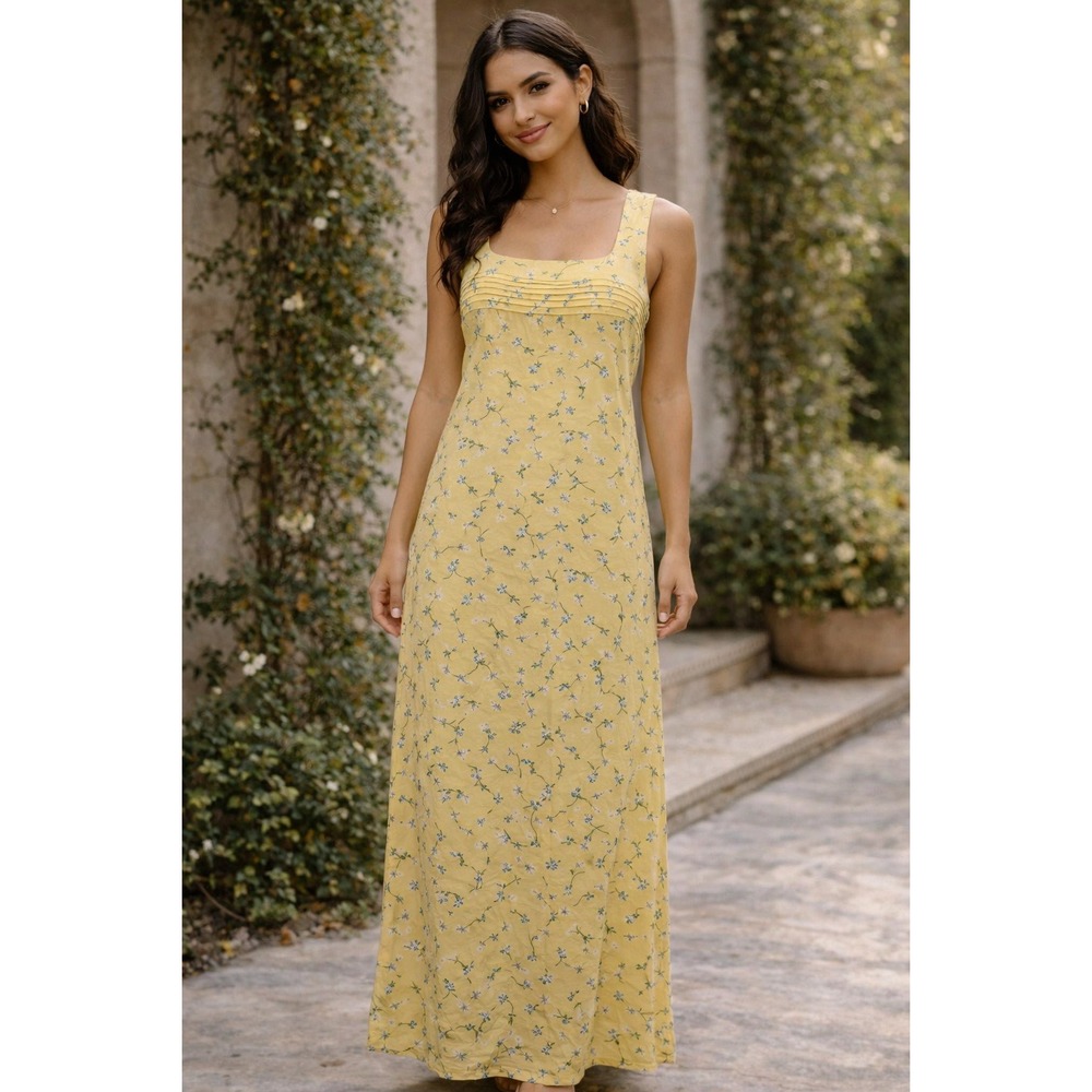 Ditsy Floral Yellow Long Maxi Dress Sleeveless Dress Cottagecore Spring Small‎